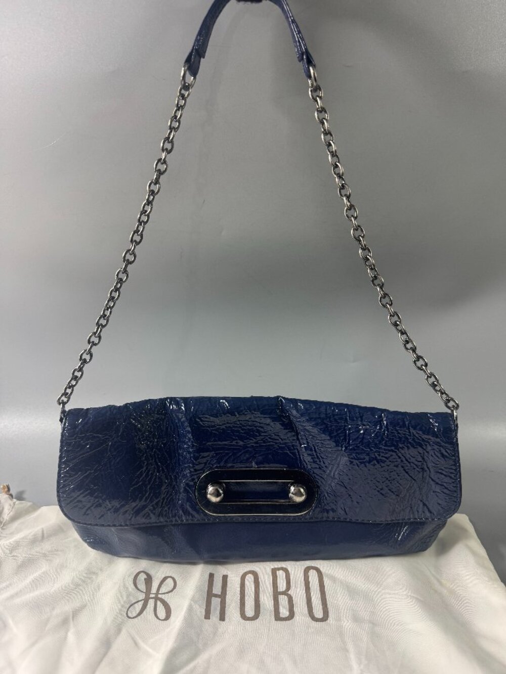 HOBO INTERNATIONAL Blue Patent Leather Envelope Hand Bag Purse Chain